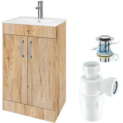 Belofay 600mm Vanity Unit With Basin, White Ceramic Bathroom Sink With Trap & Waste, No Tap Included (New York Wood Grain) - image 1