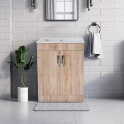Belofay 600mm Vanity Unit With Basin, White Ceramic Bathroom Sink With Trap & Waste, No Tap Included (New York Wood Grain) - thumbnail 8