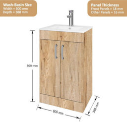 Belofay 600mm Vanity Unit With Basin, White Ceramic Bathroom Sink With Trap & Waste, No Tap Included (New York Wood Grain) - thumbnail 3