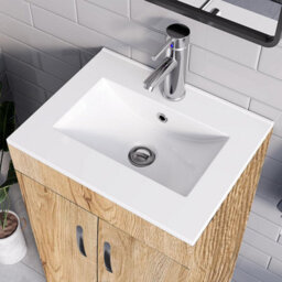 Belofay 600mm Vanity Unit With Basin, White Ceramic Bathroom Sink With Trap & Waste, No Tap Included (New York Wood Grain) - thumbnail 2