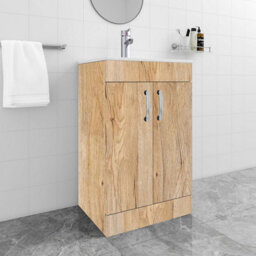Belofay 600mm Vanity Unit With Basin, White Ceramic Bathroom Sink With Trap & Waste, No Tap Included (New York Wood Grain) - thumbnail 7