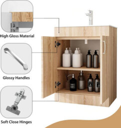 Belofay 600mm Vanity Unit With Basin, White Ceramic Bathroom Sink With Trap & Waste, No Tap Included (New York Wood Grain) - thumbnail 4