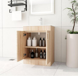 Belofay 600mm Vanity Unit With Basin, White Ceramic Bathroom Sink With Trap & Waste, No Tap Included (New York Wood Grain) - thumbnail 5