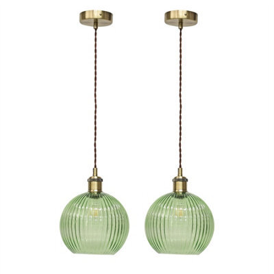 First Choice Lighting Set Of 2 Betchley - Green Ribbed Globe Antique Brass Retro Pendants - image 1