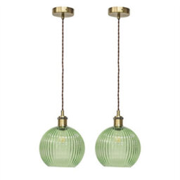 First Choice Lighting Set Of 2 Betchley - Green Ribbed Globe Antique Brass Retro Pendants - thumbnail 1