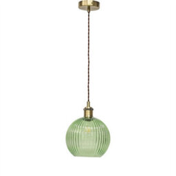 First Choice Lighting Set Of 2 Betchley - Green Ribbed Globe Antique Brass Retro Pendants - thumbnail 2