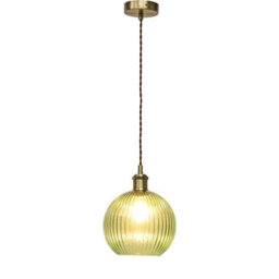 First Choice Lighting Set Of 2 Betchley - Green Ribbed Globe Antique Brass Retro Pendants - thumbnail 3