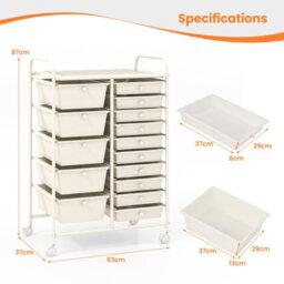 Costway 15-Drawer Storage Trolley Mobile Organiser Shelving Unit Utility Cart Cream White - thumbnail 2