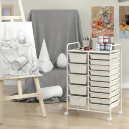 Costway 15-Drawer Storage Trolley Mobile Organiser Shelving Unit Utility Cart Cream White - thumbnail 4