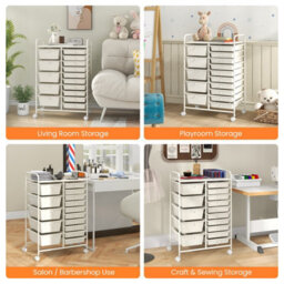 Costway 15-Drawer Storage Trolley Mobile Organiser Shelving Unit Utility Cart Cream White - thumbnail 5
