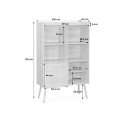 Sweeek. 5-Shelf Bookcase Sliding Doors With Wood And Cane Effect Boheme Natural 100X40X152 Cm - thumbnail 6
