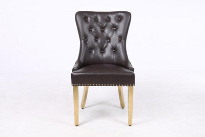 Modernique A Pair Of Leather Aire Dining Chairs With Golden Legs, Studs & Knocker In Brown - image 1