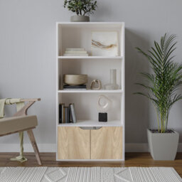 Urbn-Living Urbnliving Height 118Cm 4 Tier Wooden Bookcase Cupboard With Doors Storage Shelving Display Colour White Door Oak Cabinet Unit - thumbnail 3