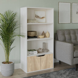 Urbn-Living Urbnliving Height 118Cm 4 Tier Wooden Bookcase Cupboard With Doors Storage Shelving Display Colour White Door Oak Cabinet Unit - thumbnail 2