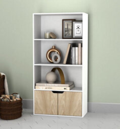 Urbn-Living Urbnliving Height 118Cm 4 Tier Wooden Bookcase Cupboard With Doors Storage Shelving Display Colour White Door Oak Cabinet Unit