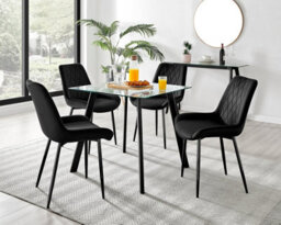 Furniturebox Seattle Scandi Inspired Glass And Black Metal Leg Square Dining Table & 4 Black Pesaro Velvet Black Leg Chairs