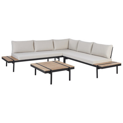 Beliani Garden Corner Sofa With Table 5 Seater Bellariva Eucalyptus Wood Off-White - image 1
