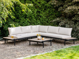 Beliani Garden Corner Sofa With Table 5 Seater Bellariva Eucalyptus Wood Off-White - thumbnail 2