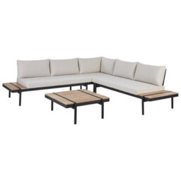 Beliani Garden Corner Sofa With Table 5 Seater Bellariva Eucalyptus Wood Off-White - thumbnail 1