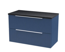 Hudson Reed Fluted Wall Hung 2-Drawer Vanity Unit & Black Laminate Worktop, Counter Top Vanity Unit In Satin Blue, 1200mm