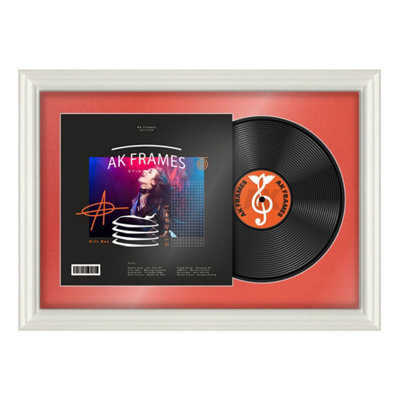 "AK Frames 25X17"" White Swept Vinyl Record Frame With Poppy Red Mount For 12 Inch Lp Cover & Disc - Overlapped Design" - image 1