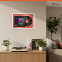 "AK Frames 25X17"" White Swept Vinyl Record Frame With Poppy Red Mount For 12 Inch Lp Cover & Disc - Overlapped Design" - thumbnail 5