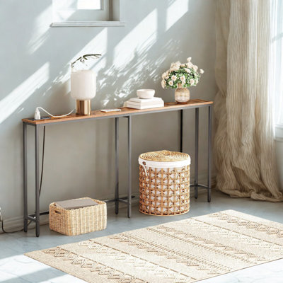FURNOLD Industrial 180Cm Wide Console Table With Charging Station Rustic Brown Hallway Furniture - image 1
