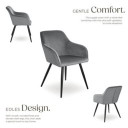 Tectake Set Of 8 Dining Chair Marilyn - With Armrests, Padded, Velvet Look, Black Steel Legs  - Grey/black - thumbnail 3