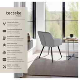 Tectake Set Of 8 Dining Chair Marilyn - With Armrests, Padded, Velvet Look, Black Steel Legs  - Grey/black - thumbnail 2