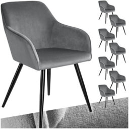 Tectake Set Of 8 Dining Chair Marilyn - With Armrests, Padded, Velvet Look, Black Steel Legs  - Grey/black