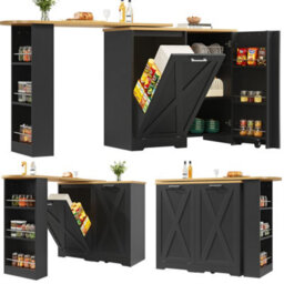 Btm 360 Rotating Kitchen Island, Swivel Sideboard With Storage Shelves, Folding Door, Black - thumbnail 7