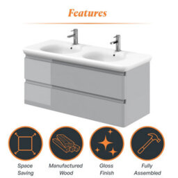 Plum&clay Marvel Gloss Light Grey Wall Hung Bathroom Vanity Unit With Round Resin Basin (W)1200mm - thumbnail 5