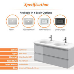 Plum&clay Marvel Gloss Light Grey Wall Hung Bathroom Vanity Unit With Round Resin Basin (W)1200mm - thumbnail 4