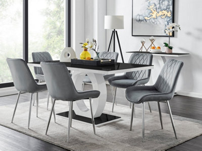 Furniturebox Giovani Rectangular 6 Seat White High Gloss Unique Halo Base Dining Table Black Glass Top 6 Grey Velvet Silver Leg Pesaro Chairs - image 1