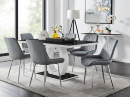 Furniturebox Giovani Rectangular 6 Seat White High Gloss Unique Halo Base Dining Table Black Glass Top 6 Grey Velvet Silver Leg Pesaro Chairs
