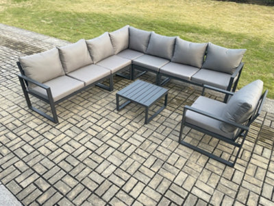 Fimous Outdoor Garden Furniture Patio Lounge Corner Sofa Aluminium Set With Square Coffee Table Chair Dark Grey