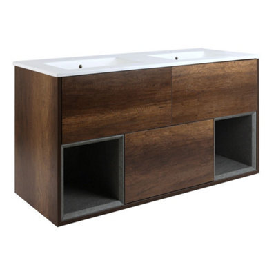 Homestylestore Dark Oak 1212mm Wall Hung Bathroom Vanity Unit Open Shelf And Chalk Basin - image 1