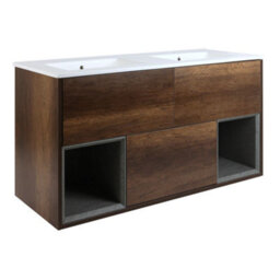 Homestylestore Dark Oak 1212mm Wall Hung Bathroom Vanity Unit Open Shelf And Chalk Basin - thumbnail 1