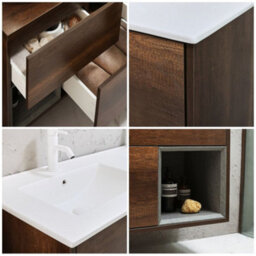 Homestylestore Dark Oak 1212mm Wall Hung Bathroom Vanity Unit Open Shelf And Chalk Basin - thumbnail 2