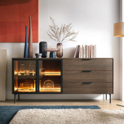Arte Lumi Glass-Fronted Sideboard 181Cm Drawers - Oak Dunin & Black With Drawers And Led Lighting For Modern Interiors - thumbnail 4