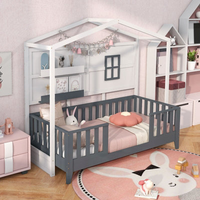 Costway Single Kids Wood House Bed With 2 Shelves And Guardrails - image 1