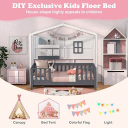 Costway Single Kids Wood House Bed With 2 Shelves And Guardrails - thumbnail 8