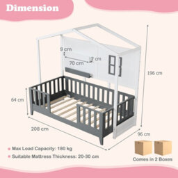 Costway Single Kids Wood House Bed With 2 Shelves And Guardrails - thumbnail 3