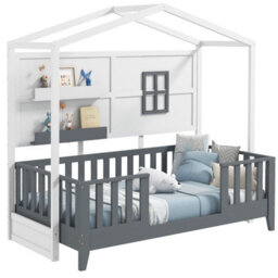 Costway Single Kids Wood House Bed With 2 Shelves And Guardrails - thumbnail 2
