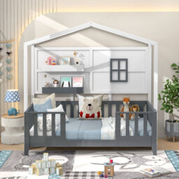 Costway Single Kids Wood House Bed With 2 Shelves And Guardrails - thumbnail 5