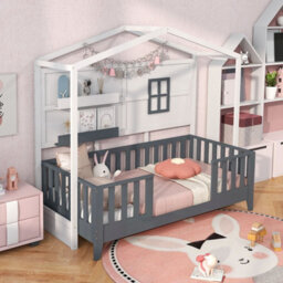 Costway Single Kids Wood House Bed With 2 Shelves And Guardrails - thumbnail 1