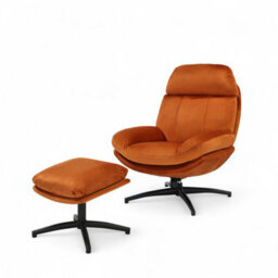 Orange Swivel Armchair With Footstool In Velvet Upholstery - thumbnail 4