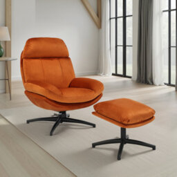 Orange Swivel Armchair With Footstool In Velvet Upholstery - thumbnail 2