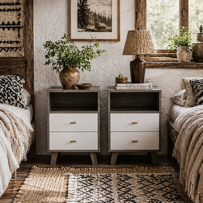 Wyld Haus Cosana Grey And White Industrial-Scandinavian Pair Of Bedside Tables With 2 Drawers And Open Shelf - image 1