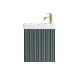 FNX Bathrooms Fluted Mini Cloakroom Vanity Unit With Basin Wall Hung Soft Close Door Integrated Storage - Smoked Sage